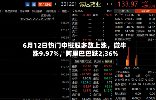 6月12日热门中概股多数上涨，微牛涨9.97%	，阿里巴巴跌2.36%-第2张图片