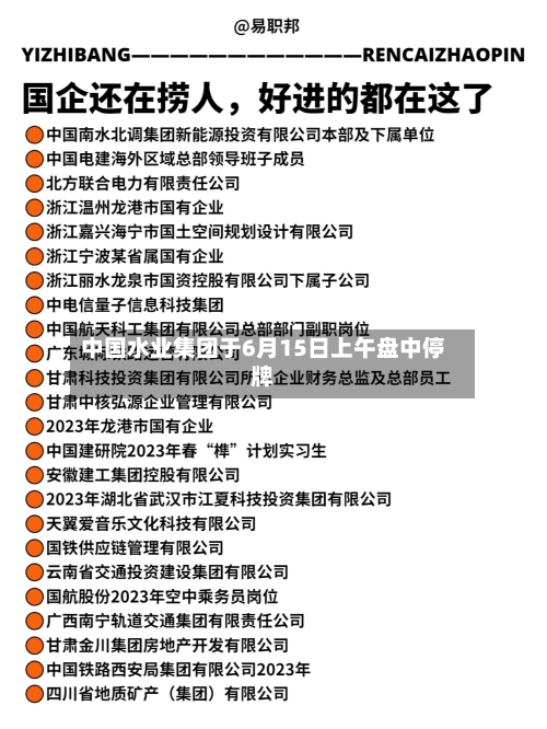 中国水业集团于6月15日上午盘中停牌