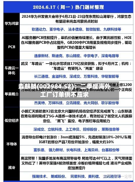 森麒麟(002984.SZ)：二季度海外工厂订单供不应求