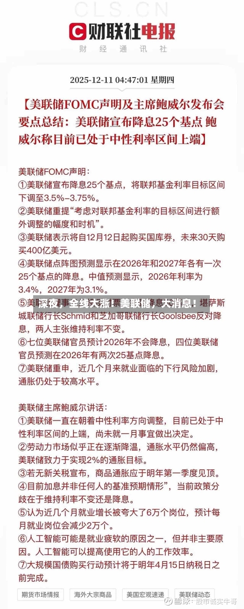 深夜，全线大涨！美联储，大消息！