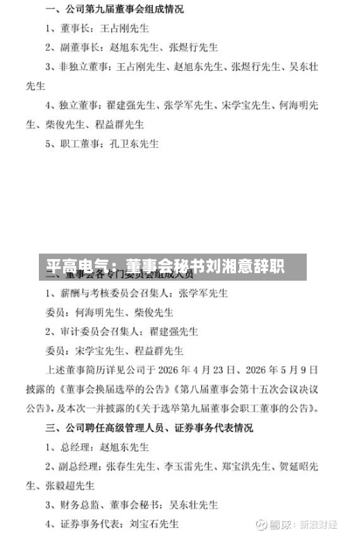 平高电气:董事会秘书刘湘意辞职-第2张图片