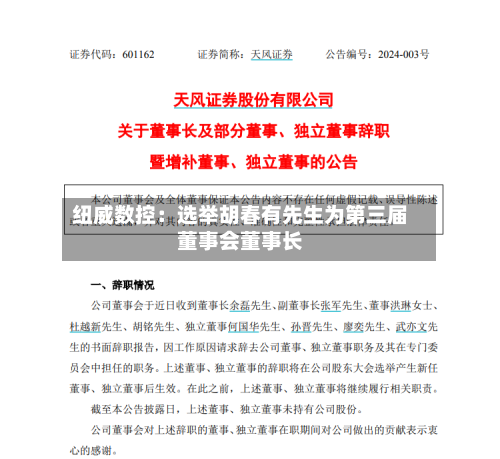 纽威数控:选举胡春有先生为第三届董事会董事长-第3张图片
