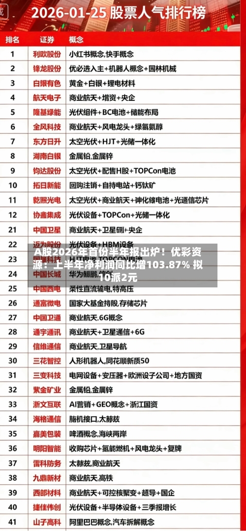 A股2026年首份半年报出炉！优彩资源：上半年净利润同比增103.87% 拟10派2元-第2张图片
