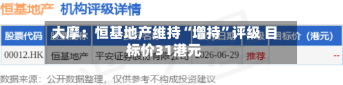 大摩：恒基地产维持“增持”评级 目标价31港元