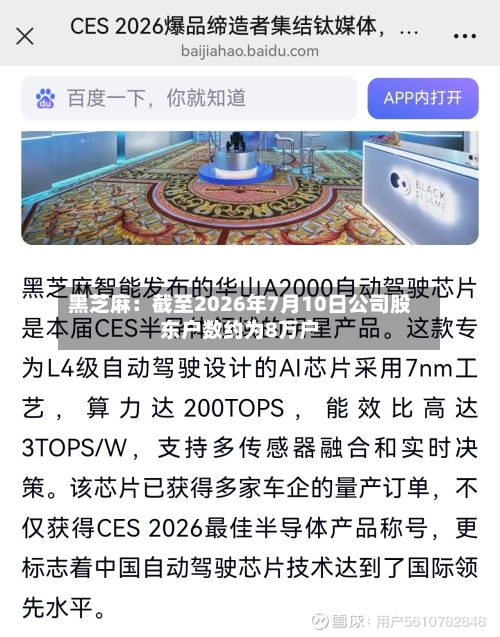 黑芝麻：截至2026年7月10日公司股东户数约为8万户