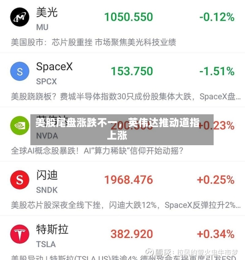 美股尾盘涨跌不一，英伟达推动道指上涨