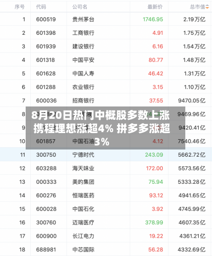 8月20日热门中概股多数上涨 携程理想涨超4% 拼多多涨超3%